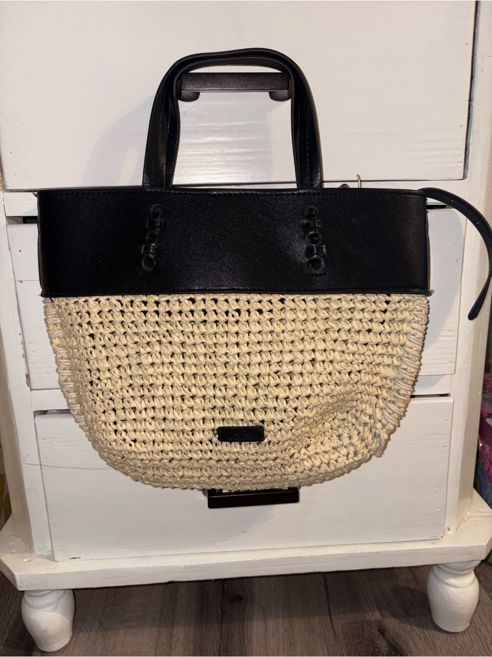 Vince Camuto Black and Cream Woven Crossbody Tote